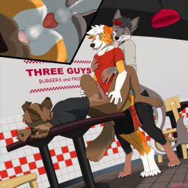 anal anal_sex anthro anus ass australian_shepherd balls black_bottomwear black_clothing black_shirt black_shorts black_topwear blue_eyes bottomwear brown_body canid canine canis cetacean clothing dolphin domestic_dog erection exhibitionism fox furniture genitals german_shepherd green_eyes grey_body grey_clothing grey_shirt grey_topwear group hand_on_chest hand_on_hip herding_dog hi_res holding_chest hybrid kanon_(applejacksville) knot koluarts looking_pleasured low-angle_view male male/male mammal marine on_table orange_body pastoral_dog penetration penile penile_penetration penis penis_in_ass public public_sex red_clothing red_shirt red_topwear restaurant sex shark_tail sheepdog shirt shorts spunk_(tukamos) t-shirt table tail tongue tongue_out toothed_whale topwear trio white_body