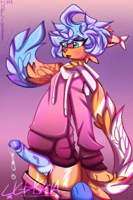 ambiguous_gender animal_humanoid anthro balls blue_hair blue_penis blue_tail_tip blush bodily_fluids bottomwear bottomwear_down bottomwear_pull clothed clothing clothing_pull colored cum cum_drip cum_on_penis digital_media_(artwork) dipstick_tail disembodied_hand dripping duo embarrassed erection exposed felid feline femboy fur genital_fluids genitals green_eyes hair hi_res hoodie humanoid hybrid lighskia male male/male mammal mammal_humanoid markings nix_(lighskia) no_underwear nude open_mouth orange_body orange_fur orange_paws orange_tail pants pants_down pants_pull partially_clothed penis pink_clothing pink_hoodie pink_topwear raised_tail shaded shy simple_background solo tail tail_markings tail_tuft topwear tuft vein veiny_penis zero_pictured