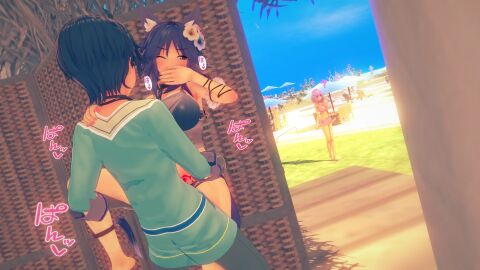 1boy 2girls 3d 3d_(artwork) ? akira_brave777 animal_ears armpits beach black_hair blush brown_eyes clothed covered_mouth covering_mouth female female_focus flower flower_in_hair hand_over_mouth hidden_sex kemonomimi light-skinned_female light-skinned_male light_skin makoto_(princess_connect!) male one_leg_up penetration pink_hair princess_connect! pubic_tattoo purple_hair secret_sex sex short_hair solo_focus spread_legs swimsuit swimwear tattoo wolf_ears wolf_girl yui_(princess_connect!) yuuki_(princess_connect!)