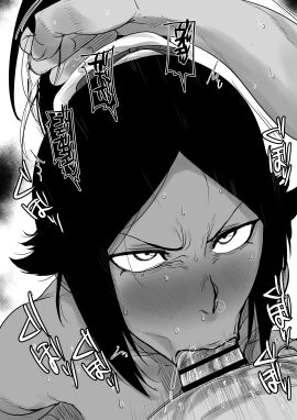 :>= angry black_and_white bleach blowjob blowjob_face censor_bar censored censored_penis dark-skinned_female dark-skinned_sub dark_skin fellatio female greyscale hair_grab kaiman_garupan male monochrome oral penis plunger_position ponytail sex shihouin_yoruichi straight