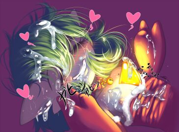 ^_^ bare_shoulders bell blush bob_cut bow bow_choker breasts bukkake choker closed_eyes clothes_pull collarbone colored_skin commentary cum cum_on_body cum_on_breasts cum_on_clothes cum_on_gloves cum_on_hair double_v dress dress_pull elbow_gloves english_commentary facial female fur-trimmed_dress fur-trimmed_gloves fur_trim gardevoir gloves glowing green_hair grin hair_between_eyes hands_up happy heart jingle_bell lying messy_hair neck_bell nipples nose_blush on_back pokemon pokemon_(species) purple_background red_bow red_choker red_dress red_gloves short_hair small_breasts smile solo_focus spoken_heart strapless strapless_dress teeth translation_request upper_body v white_skin zyleyz