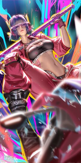 1girls asian asian_female baseball_bat black black_sports_bra dutch_angle highleg highleg_panties jacket japanese_female liang_xing light-skinned_female light_skin lips long_hair marvel marvel_rivals mutant_(marvel) official_alternate_costume open_clothes open_jacket panties pink-tinted_eyewear pink_clothing psylocke psylocke_(marvel_rivals) purple_hair sai_(marvel) sports_bra