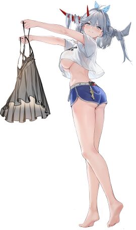 alternate_costume ass asymmetrical_horns azur_lane bare_legs barefoot black_background blue_shorts blush breasts cg crop_top dolphin_shorts feet female full_body grey_eyes grey_hair hair_on_horn hakuryuu_(azur_lane) hakuryuu_(four_fine_layers)_(azur_lane) holding horns large_breasts legs long_hair looking_at_viewer no_bra official_art red_horns see-through_silhouette shirt short_shorts short_sleeves shorts simple_background solo standing thighs tiptoes toes underboob underbutt white_hair white_shirt