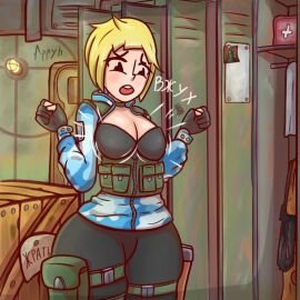 1girls 2d appyh ass big_ass big_breasts blonde_hair breasts button_pop choker clear_sky_(s.t.a.l.k.e.r.) female female_only military_uniform open_mouth russian_text s.t.a.l.k.e.r. s.t.a.l.k.e.r._(character) s.t.a.l.k.e.r._2:_heart_of_chornobyl skin_tight solo solo_female text tits wide_hips