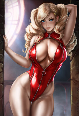 1girls ann_takamaki blonde_hair blue_eyes breasts cleavage dandon_fuga doorway female female_only hairclip large_breasts latex_leotard latex_suit leaning_against_wall leotard light-skinned_female light_skin looking_at_viewer persona persona_5 phantom_thief_suit red_clothing red_latex red_leotard solo solo_female twintails video_game video_game_character video_games window zipper zipper_leotard zipper_pull_tab