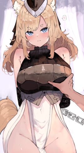 1boy 1girls 1other 2025 ambiguous_gender anger_vein animal_ears arknights arms_behind_back black_hat blonde_hair blue_eyes blush breasts dress female grabbing_another's_breast groin groping hat hi_res horse_ears horse_girl horse_tail kyuu_(plastic_night_q) large_breasts male no_panties pelvic_curtain pov pov_hands spoken_anger_vein sweatdrop tail whislash_(arknights) white_dress