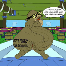 1boy anthro anus ass ass_grab barrel bass_(fish) big_ass bob-jiggles bubble_bass fat fat_ass fish glasses hairy_ass kneeling krusty_krab looking_at_viewer looking_back male male_only marine nude obese obese_male open_mouth overweight overweight_male solo solo_male spongebob_squarepants table text text_bubble writing_on_ass