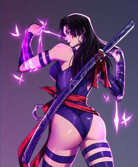 1girls 2024 2d 2d_(artwork) ass ass_focus energy esper female female_only looking_back_at_viewer magic marvel marvel_comics marvel_rivals melee_weapon powers psylocke psylocke_(sai)_(vengeance) questionable sheath simple_background sixer solo solo_female superheroine sword weapon