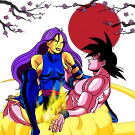 1boy 1girls betk crossover dragon_ball dragon_ball_z eastern_and_western_character female male marvel marvel_comics muscular muscular_male psylocke_(kwannon) purple_hair purple_hairband son_goku x-men