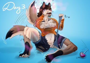 absurd_res anthro artfox26 belly belly_expansion black_body black_fur black_nails bodily_fluids bottomwear breast_expansion breast_growth breast_growth_(enlargement) breasts brown_body brown_fur brown_hair canid canine clothing colored_nails dazed denim denim_bottomwear denim_clothing expansion female fluffy fox fur generic_fur green_eyes grey_body grey_fur hair hi_res humanoid jeans looking_pleasured mammal mid-transformation nails nipples pants paws potion potion_bottle saliva saliva_string shirt sitting slightly_chubby solo species_transformation tail tail_motion tailwag tan_body tan_fur tearing_clothing text topwear torn_bottomwear torn_clothing torn_jeans torn_pants torn_shirt torn_topwear transformation transformation_potion wardrobe_malfunction