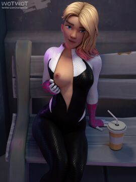 1girls 3d accurate_art_style arm_support ass athletic athletic_female bedroom_eyes bench big_ass blender_(software) blender_cycles blonde_hair blue_eyes bottomless braless breast_out breasts chest clothed clothing clothing_aside color digital_media_(artwork) drink eyebrow_piercing female female_only fit fit_female flashing_breasts full_color gwen_stacy gwen_stacy_(spider-verse) head_tilt horny human humanoid leaning leggings light-skinned_female light_skin looking_at_viewer marvel marvel_comics narrowed_eyes nipples no_penetration on_model one_breast_out open_clothes presenting_breasts seductive shaved_side shirt sitting sitting_on_chair sk sly small_breasts smile smug smug_face soda solo solo_female spider-gwen spider-man_(series) superhero superhero_costume superheroine teenage_female teenager thick_thighs thin thin_waist topless uniform wide_hips wotwot3d