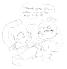 4_fingers anthro buckteeth cheek_tuft clothed clothed_anthro clothed_female clothing container cum_in_mug cum_spill cup duo earband ellipsis english_text eyelashes facial_tuft female female_anthro fingers floppy_ears furniture hair head_tuft hi_res holding_container holding_cup holding_mug holding_object kekitopu lagomorph latte_(kekitopu) leporid looking_at_another mammal marzi_(kekitopu) monochrome mug narrowed_eyes nervous_sweat open_mouth open_smile pointing_at_object rabbit simple_background smile speech_bubble surprised_expression surprised_eyes surprised_face surprised_look table talking_to_another teeth text tuft whiskers white_background