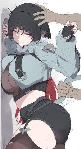 1boy absurdres against_wall animal_ears black_garter_straps black_gloves black_hair black_shorts breasts brown_thighhighs closed_mouth female fingerless_gloves fingernails fur-trimmed_jacket fur_trim garter_straps gloves green_eyes green_jacket hand_on_another's_head highres jacket jane_doe_(zenless_zone_zero) large_breasts long_hair makkurourufu male mouse_ears mouse_girl multicolored_hair nail_polish one_eye_closed red_hair red_nails shorts solo_focus tail tail_grab thighhighs two-tone_hair zenless_zone_zero