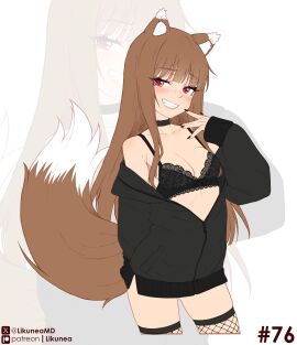 1girls animal_ears animal_tail black_bra black_lace_bra black_nails blush bra breasts brown-haired_female brown_hair cameltoe chocker coat coat_open female female_only fishnet_stockings fluffy fluffy_tail highres hime_cut holo kemonomimi lace_bra likunea long-haired_female long_hair medium_breasts painted_nails red-eyed_female red_eyes sole_female spice_and_wolf tagme tail wolf_ears wolf_girl wolf_tail