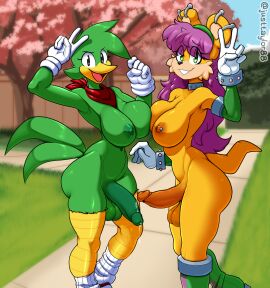 2024 5_fingers anthro archie_comics areola balls beak bean_the_dynamite biped blurred_background breasts clothing digital_media_(artwork) duo fingers fti_crossgender futanari genderswap genderswap_(fti) genitals gesture gloves hair hand_gesture handwear herpestid hi_res humanoid_genitalia humanoid_penis intersex justtaylor long_hair looking_at_viewer mammal mina_mongoose mongoose mostly_nude nipple_piercing nipples open_beak open_mouth outside penis piercing public purple_hair rule_63 sega sonic_(series) sonic_the_hedgehog_(archie) sonic_the_hedgehog_(comics) sonic_the_hedgehog_(series) v_sign