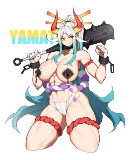 abs big_breasts breasts club collar collared cuffs erect_nipples erect_nipples_under_clothes female female_only fundoshi fundoshi_only hanenosaki hi_res hoop_earrings kanabou long_hair muscular muscular_arms muscular_female muscular_thighs nipple_bulge nipple_piercing nipples one_piece oni oni_female oni_horns pasties piercing piercing_through_clothes piercing_through_pasties shackles skimpy two-tone_hair white-haired_female white_hair yamato_(one_piece)