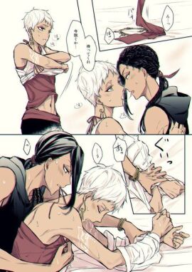 2boys biting_clothes black_hair blush blushing boy boy_on_boy boy_on_top boyfriends boys boys_love clothed clothed_sex clothes_lift clothing clothing_aside cute cute_male french_kiss french_kissing gay gold_jewelry jamil_viper kalim_al-asim makeout male male/male male_only moan moaning moaning_in_pleasure moans pinned_arms pinned_to_bed pinning_down repost sweat tan_body tan_skin tanned tanned_male tanned_skin translation_request twisted_wonderland undressing undressing_another undressing_partner undressing_with_mouth white_hair yaoi