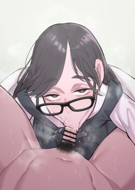 1boy 1girls :>= absurdres bar_censor black_hair blush censored commentary_request fellatio female freckles glasses heart highres jimiko long_hair looking_at_viewer male male_pubic_hair mole mole_under_eye navel oral original penis pov pov_crotch pubic_hair purple_eyes school_uniform seductive_eyes seductive_look seductive_mouth smegma snot straight stray_pubic_hair sweat tuberosum001