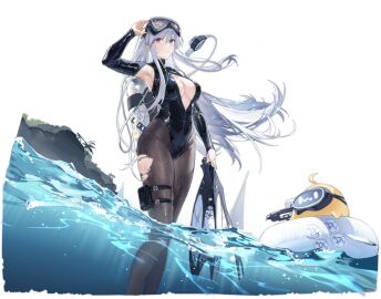 1girls arm_up armpit_cutout armpits ass azur_lane big_ass big_breasts bird black_pantyhose bodysuit breasts center_opening cleavage diving diving_mask diving_suit enterprise_(azur_lane) female flippers game goggles goggles_on_head grey_hair highleg large_breasts leotard long_hair looking_at_viewer official_alternate_costume official_art pantyhose purple_eyes solo swimsuit thigh_strap torn_clothes torn_pantyhose very_long_hair water wet wetsuit white_hair