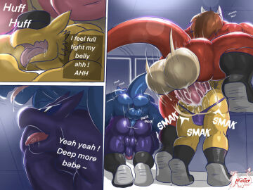 4:3 a_hat_in_time anthro ass avian balls big_balls big_penis bird blue_body bodily_fluids boots brown_hair clothing comic cum cum_in_ass cum_inside dragon english_text footwear genital_fluids genitals group hair huge_balls huge_cock humanoid_genitalia hyper hyper_balls hyper_genitalia hyper_penis male male/male male_penetrated male_penetrating male_penetrating_anthro male_penetrating_male masterelrest me_(master_elrest) muscular muscular_anthro muscular_male mythological_creature mythological_scalie mythology penetration penis purple_body red_body scalie sex shoes speedo swimwear tail text the_conductor_(ahit) yellow_body