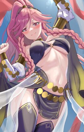 1girls blush braids breasts dancer dancer_outfit dancing female fire_emblem fire_emblem_awakening fire_emblem_heroes large_breasts looking_at_viewer looking_down nintendo olivia_(fire_emblem) pink_eyes pink_hair smile tarutaru193 thighs