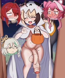 1futa 3girls balls barefoot blonde_hair blush cecilia_immergreen elizabeth_rose_bloodflame female foreskin futa_focus futanari gigi_murin halloween halloween_costume halloween_pumpkin halloween_theme heart-shaped_pupils hololive hololive_english hololive_english_-justice- huge_cock intersex multicolored_hair naked naked_costume night partially_retracted_foreskin penis penis_awe raora_panthera retracted_foreskin smile tail uncircumcised virtual_youtuber vtuber xt_ecchi