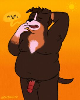 absurd_res adam_isaac_novikov_(greengrizz) anthro balls canid canine canis casual_nudity circumcised circumcision_scar domestic_dog flaccid genital_scar genitals gradient_background greengrizz hi_res humanoid_genitalia humanoid_penis male mammal molosser mountain_dog navel nipples open_mouth overweight overweight_male penis scar simple_background solo speech_bubble swiss_mountain_dog text tired yawn