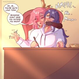 2girls alternate_version_available cloud_faramore covering_mouth crying female femdom femsub fox_ears futanari genshin_impact glasses hoodie implied_futa implied_penetration implied_sex intersex lezdom lezsub office pen pink_eyes pink_hair purple_eyes purple_hair purple_nails raiden_shogun sitting sitting_on_lap twitching yae_miko