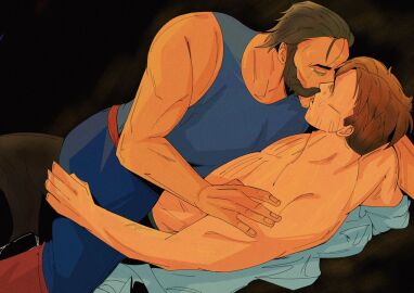 bara beard dispatch_(game) doctormakiii gay kissing makeout male male_only moustache phenomaman robert_robertson sitting_on_lap unbuttoned_shirt