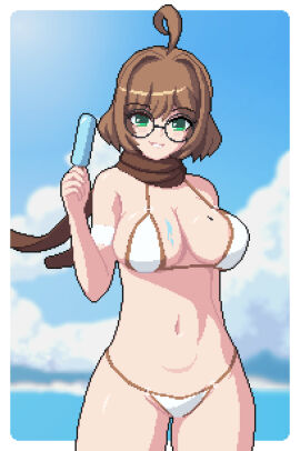 big_breasts big_titties bikini breasts brown_hair clothing curvaceous curvaceous_female curvaceous_figure curvy curvy_figure curvy_hips female female_focus female_only glasses looking_at_viewer original original_character pixel_art seiko093 short_hair