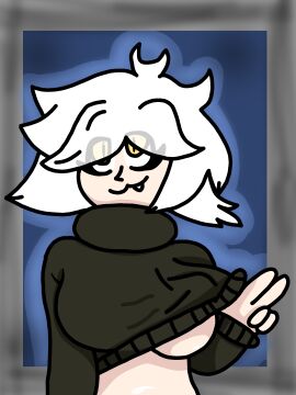 alex background big_eyes breasts female happy medium_breasts oc partially_nude pookyelgato sweater taking_clothes_off white_hair yellow_eyes