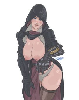 1girls 2d antiwitless_(artist) assassin assassin's_creed_(series) assassin's_creed_syndicate big_breasts blue_eyes breasts breasts_out british british_female busty evie_frye female female_only female_protagonist freckles hood huge_breasts large_breasts light-skinned_female light_skin nipples panties smile smiling solo solo_female thigh_highs thighhighs witlessartist