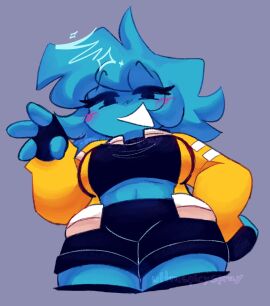 1girls big_breasts black_shorts blue_hair blue_skin blush blush_lines blushing blushing_at_viewer boyfriend_(friday_night_funkin) breasts female female_boyfriend_(friday_night_funkin) fingerless_gloves friday_night_funkin friday_night_funkin_(minus_mod) genderswap genderswap_(mtf) looking_at_viewer looking_down midriff minus_bf_(blue)_(iagoanims) orange_jacket rule_63 shorts simple_background smile smile_at_viewer smiling smiling_at_viewer tagme ultraspicyspray watermark