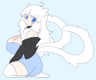 blue_eyes breasts byternomar cat_ears cat_girl cat_tail cat_tails catgirl clothed clothed_female female large_breasts light_skin mizu_(byternomar) mostly_nude multi_tail nekomimi nipple_bulge old_design original tail tails thigh_highs white_hair