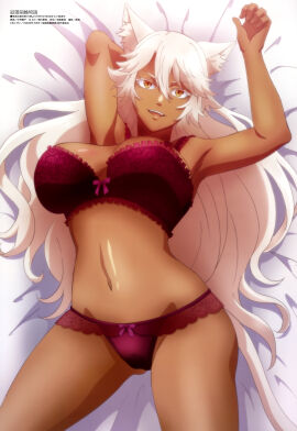 absurdres animal_ear_fluff animal_ears bed_sheet bra breasts cat_ears dark-skinned_female dark_skin female granart_needakitta highres jewelry kekkon_yubiwa_monogatari large_breasts long_hair looking_at_viewer lying magazine_scan megami_magazine navel official_art on_back panties scan thighs underwear white_hair yellow_eyes