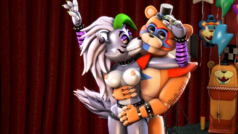 1boy 1girls 3d 4k accurate_art_style balloon bedroom_eyes big_breasts black_tophat blue_eyes breasts brown_body curtain disboi215 ear_piercing earrings facepaint female fingering five_nights_at_freddy's five_nights_at_freddy's:_security_breach fnaf freddyxroxy glamrock_freddy_(fnaf) green_hair grey_body grey_hair hand_on_stomach highres holding_waist kissing kissing_chin lipstick looking_at_each_other male male/female orange_body orange_nipples pink_nipples purple_lipstick red_shoulder_pads roxanne_wolf_(fnaf) sfm shoulder_pads silver_body silver_hair source_filmmaker spiked_belt spiked_bracelet spiked_collar straight tophat white_body white_hair yellow_eyes