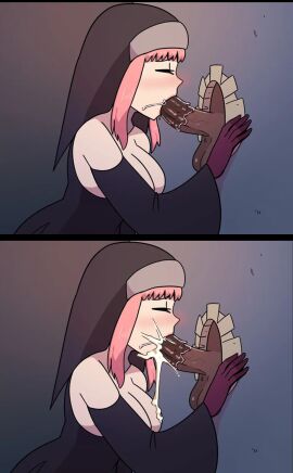 1girls blowjob cheating closed_eyes cum cum_in_mouth dark-skinned_male dark_skin fellatio female glory_hole hasselnut male netorare ntr ntr_bunnies_rpg nun nun_outfit oppai pink_hair sunny_(wolfgang_bang) wolfgang_bang