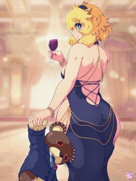 1girls alternate_costume androgyne_symbol artist_logo artist_name ass ass_focus backless_dress backless_outfit benbeau big_ass blonde blonde_female blonde_hair blue_dress blue_eyes breasts bridget color dress female female_only green_eyes guilty_gear hip_windows holding_cup holding_object huge_ass indoors looking_at_viewer looking_back medium_hair meme_attire modakawa_dress roger_(guilty_gear) sideboob small_breasts smile standing suit suit_and_tie teddy_bear teenager tie wide_hips wine_glass