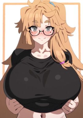 animated areola_slip bikini black_shirt blinking blush breasts buckethead_ero closed_mouth clothes_lift female glasses grey_eyes grin huge_breasts lifting_own_clothes long_hair looking_at_viewer mitsushige-chan_(kureha_mitsushige) mole mole_under_eye navel orange_bikini orange_hair original semi-rimless_eyewear shirt shirt_lift smile solo sound swimsuit tagme umezawa_itte under-rim_eyewear upper_body video