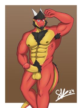 anthro armpit_hair beard body_hair chest_hair dragon facial_hair genitals hi_res male muscular muscular_male myke_wyrm mythological_creature mythological_scalie mythology nude penis pubes scalie senkey solo standing