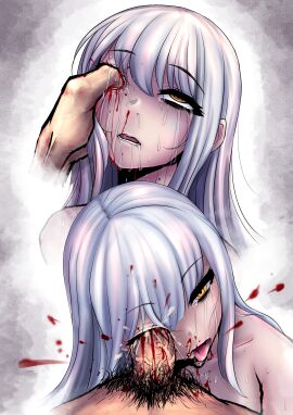 1boy 1girls crying crying_with_eyes_open cum cum_in_eye cum_inside death drooling duo erection eye_fucking eye_penetration female female_death female_focus female_penetrated femsub gore grey_hair guro highres long_hair male male_pubic_hair nazo_no_diaboro original penis pubic_hair ryona saliva skull_fucking straight tears tongue tongue_out upper_body yellow_eyes