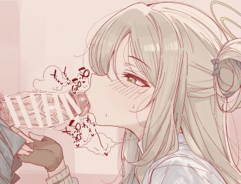 1boy bar_censor blue_archive censored erection fellatio female fingerless_gloves from_side gloves green_halo hair_bun halo highres licking licking_penis light_brown_hair long_hair male male_pubic_hair nonomi_(blue_archive) oral penis penis_out pubic_hair shirt single_hair_bun solo_focus straight suujiniku tongue tongue_out veins veiny_penis white_shirt