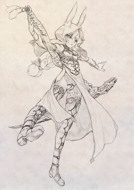 animal_ears ass_visible_through_thighs boots braid breastless_clothes breasts breasts_out dress female hatching_(texture) highres holding holding_scythe holding_weapon huge_weapon juliet_sleeves long_sleeves monochrome musen-shiki_sanhankikan nipples no_panties original ornate_clothes ornate_weapon paper_texture puffy_sleeves pussy pussy_jewelry rabbit_ears rabbit_girl scythe side_slit simple_background small_breasts thighhighs traditional_media underbust veil weapon white_background