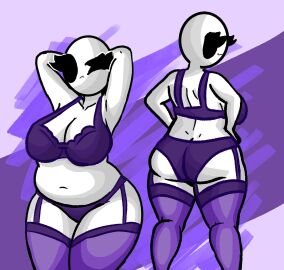 1girls :3 ass bald bald_female belly belly_button big_breasts black_eyes breasts chetoh chubby chubby_female claire_(chetoh) egg female female_focus female_only hand_behind_head hand_on_hip lingerie lingerie_only looking_at_viewer looking_back looking_back_at_viewer modeling oc original original_character pout pouting purple_bra purple_panties purple_stockings rear_view smile smiling smiling_at_viewer stockings white_body