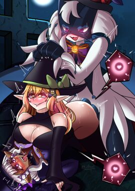 2_penises absurd_res anthro blush bodily_fluids breasts clothed clothed_sex clothing digital_media_(artwork) double_penetration dress elf fan_character female female_penetrated generation_9_pokemon genitals glace_(cris79x) group group_sex hair halloween hat headgear headwear hi_imchief hi_res holidays humanoid impregnation interspecies looking_pleasured male male/female meowscarada moon multi_genitalia multi_penis night nintendo open_mouth outside ovum ovum_with_heart penetration penis pointy_ears pokemon pokemon_(species) pokephilia sex smile sperm_cell threesome tombstone trio vaginal_penetration witch_hat