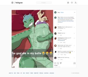 2boys anthro balls big_balls big_penis blue_hair bodily_fluids canid canine caption cock_vore completely_nude cum cum_vore digestion duo emoji fennec_fox fox genital_fluids genitals hair hands-free handsfree_ejaculation hi_res huge_balls huge_cock instagram lizard lutz_(lutz-spark) male male/male male_only male_pred male_prey maledom malesub mammal nude nude_male penile penis reptile rufia scalie selfie smile social_media solo_focus swallowing toby_(docandmharti) true_fox vore yaoi