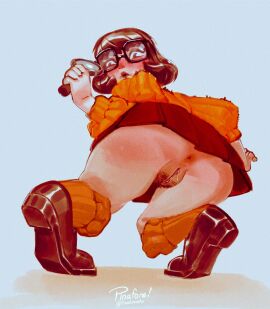 1girls anus ass female glasses hanna-barbera magnifying_glass miniskirt no_panties no_underwear pinafore_(artist) pubic_hair pussy pussy_juice_drip scooby-doo shoes signature skirt socks solo sweater text upskirt velma_dinkley