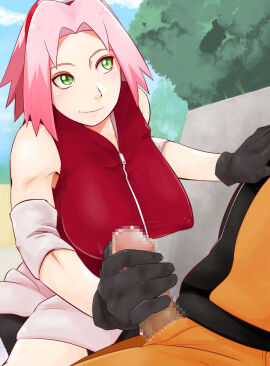 1boy 1girls 2d ass blonde_hair breasts censored closed_mouth covered_erect_nipples female full_color fully_clothed green_eyes handjob large_breasts male mosaic_censoring naruto naruto_(series) naruto_shippuden no_penetration partial_male penis pink_hair sakura_haruno short_hair smile source_request sunahara_wataru teeth uzumaki_naruto