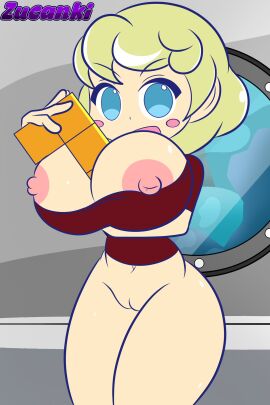 1girls areolae blue_eyes blush_stickers bottomless breasts breasts_out clothing elle_(puyo_puyo) female green_hair huge_breasts large_breasts navel nipple_slip nipples nipples_outside object_between_breasts presenting presenting_breasts presenting_pussy pussy puyo_puyo puyo_puyo_tetris sega shirt short_hair smile smug solo sonic_team teasing tetris tetromino thick_thighs wide_hips zucanki