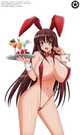 2015 absurd_res akiranyo areola_slip artist_logo artist_name bowtie breasts breasts_bigger_than_head brown-haired_female brown_eyes bunny_girl_suit cocktail cocktail_glass collar_(clothes) cuffs_(clothing) english_text female fingernail_polish floppy_ears flower_petals huge_breasts kuroda_kazuya long_hair mixed_drink monokini nude_version_available open_mouth red_bowtie red_bunny_ears red_monokini red_nail_polish shiny_skin text transparent_background tray vector_trace